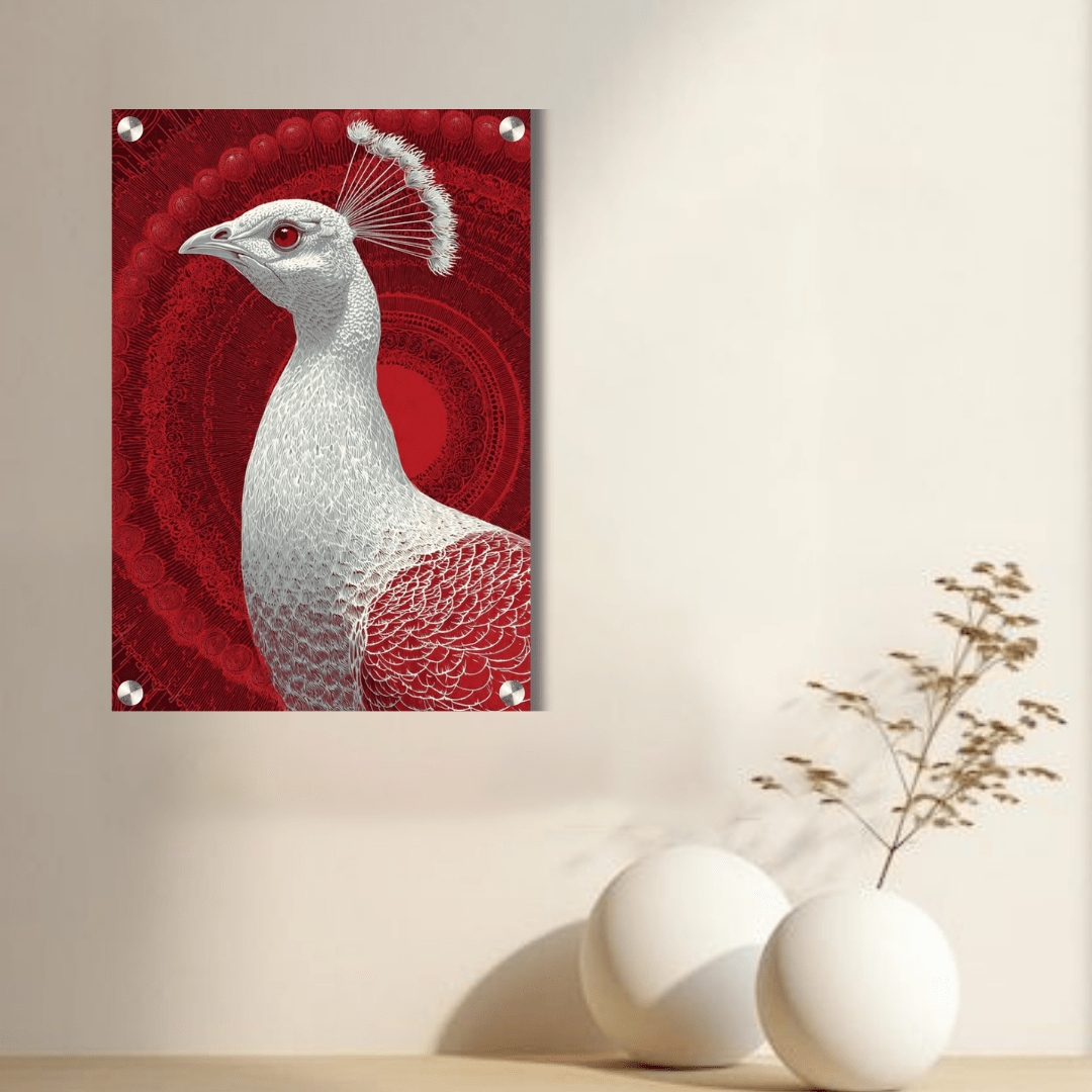 Royal White Peacock Acrylic Wall Decor — Luxury Glossy HD Art Frame - Memories InsiteROYAL WHITE PEACOCK ACRYLIC WALL FRAME